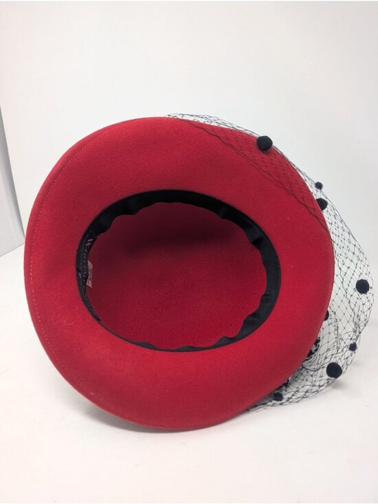 Vintage Whittall & Shon Red Felt Hat Black Veil Bow 80s